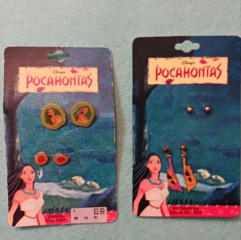2- 1990's Disney Deadstock POCAHONTAS Earrings New On Original Cards, 30 Yrs Old